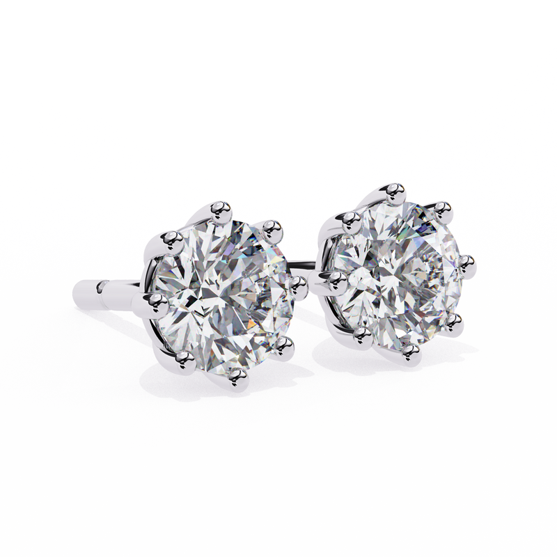 14K White Gold IGI Certified Round Solitaire Stud Earrings, 8 Prong, D-E Color, VVS/VS Clarity