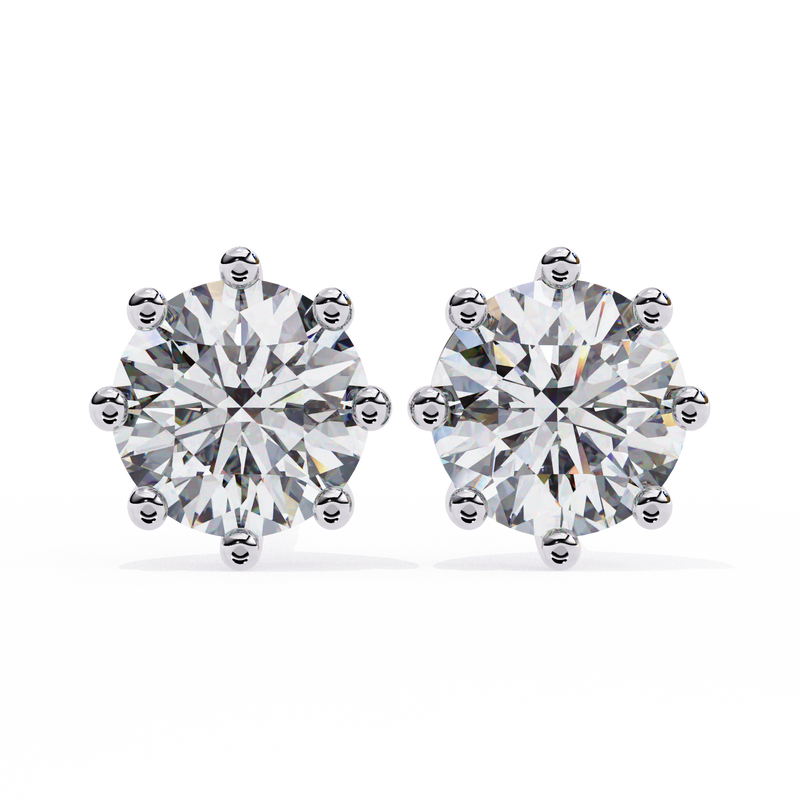 14K White Gold IGI Certified Round Solitaire Stud Earrings, 8 Prong, D-E Color, VVS/VS Clarity