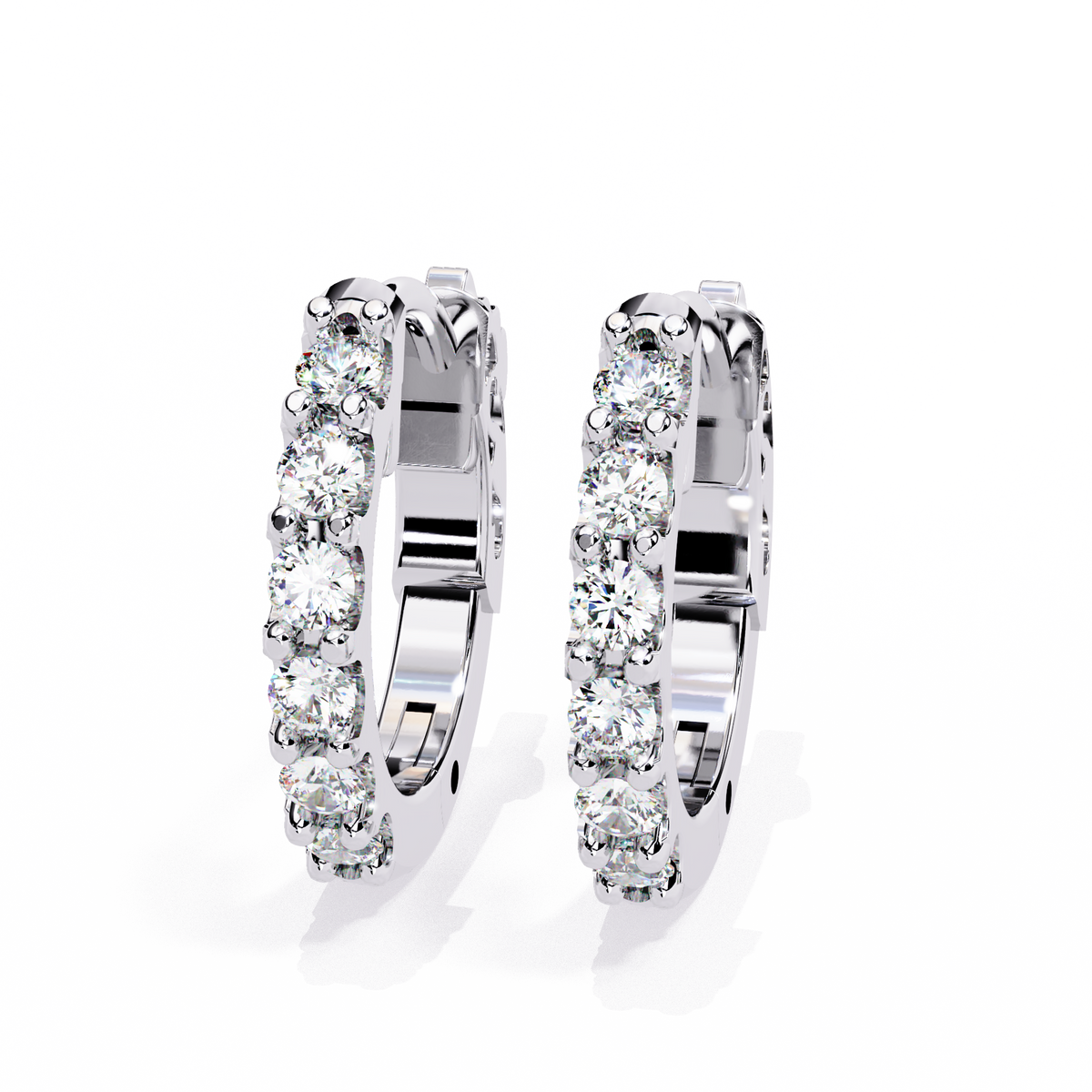 14K White Gold IGI Certified Round Diamond Hoop Earrings, Shared Prong, D-E Color, VVS/VS Clarity