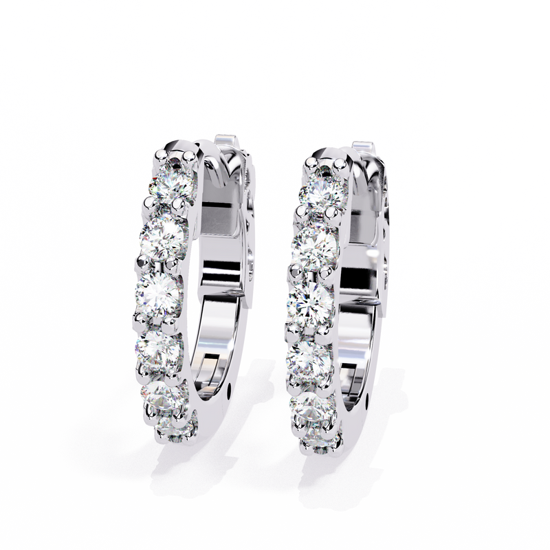 14K White Gold IGI Certified Round Diamond Hoop Earrings, Shared Prong, D-E Color, VVS/VS Clarity