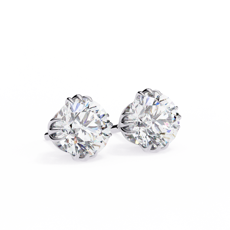 14K White Gold IGI Certified Round Solitaire Stud Earrings, 4 Triple Split Prongs, D-E Color, VVS/VS Clarity