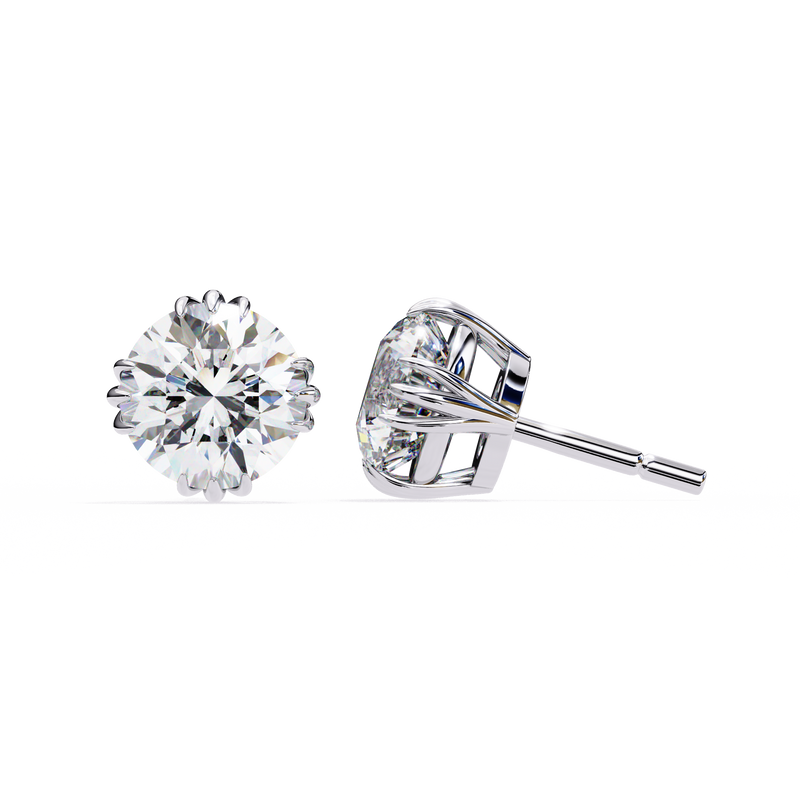 14K White Gold IGI Certified Round Solitaire Stud Earrings, 4 Triple Split Prongs, D-E Color, VVS/VS Clarity