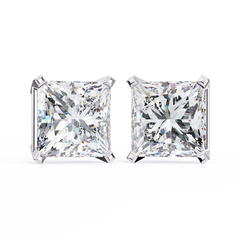 14K White Gold IGI Certified Princess Solitaire Stud Earrings, 4 Prong, D-E Color, VVS/VS Clarity
