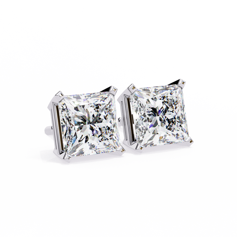 14K White Gold IGI Certified Princess Solitaire Stud Earrings, 4 Prong, D-E Color, VVS/VS Clarity