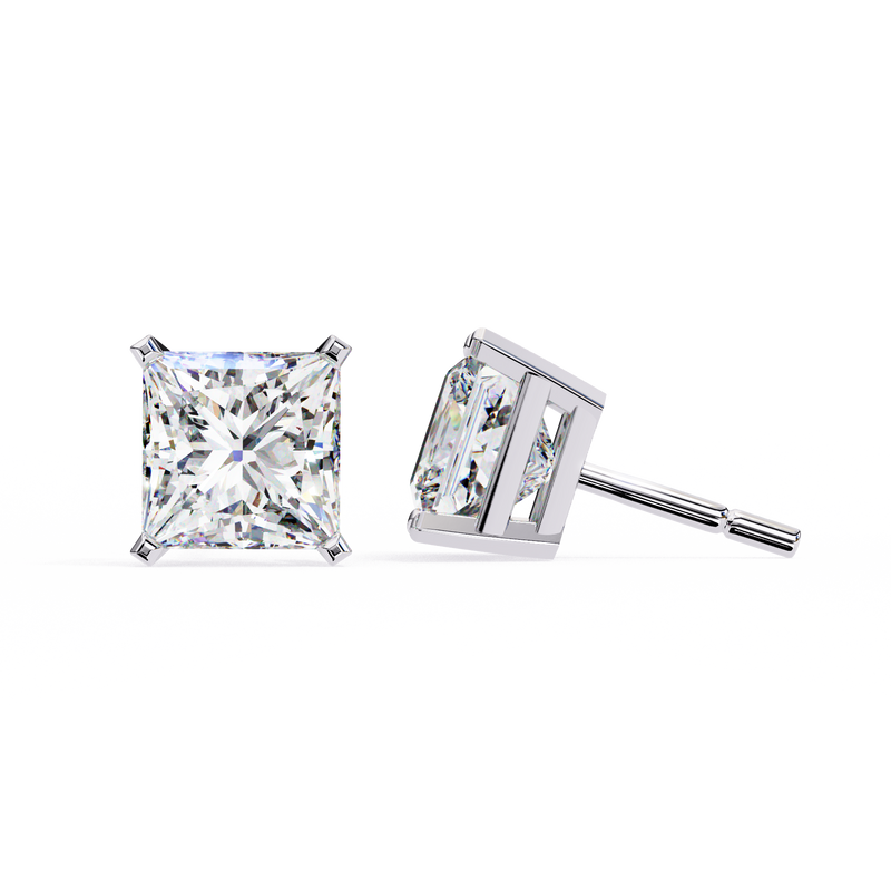 14K White Gold IGI Certified Princess Solitaire Stud Earrings, 4 Prong, D-E Color, VVS/VS Clarity