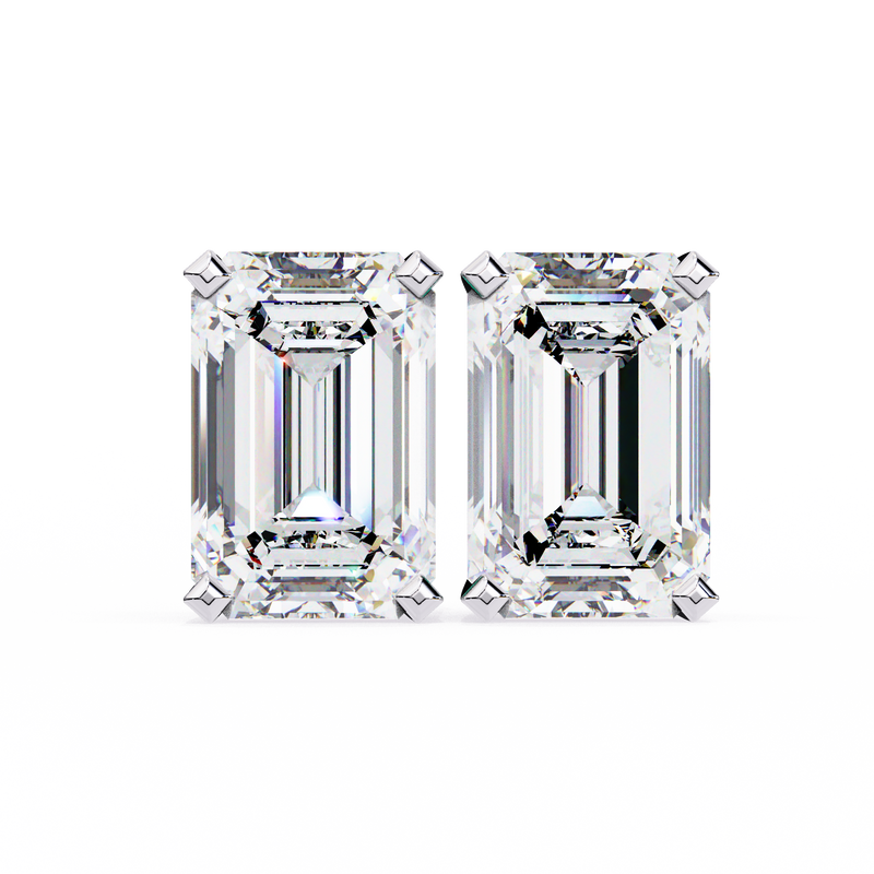 14K White Gold IGI Certified Emerald Cut Solitaire Stud Earrings, 4 Prong, D-E Color, VVS/VS Clarity