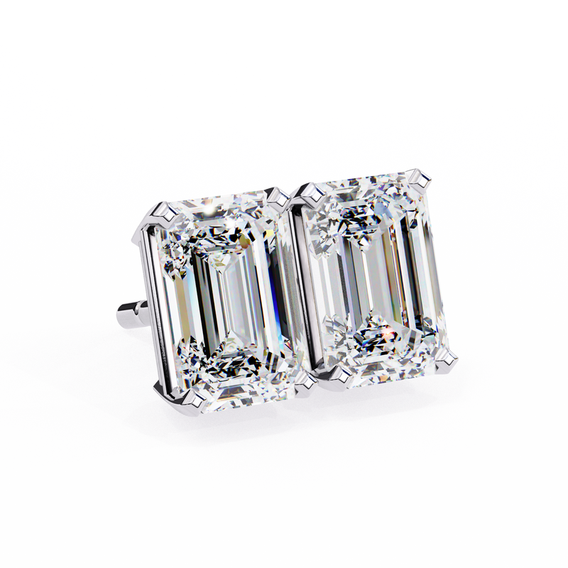 14K White Gold IGI Certified Emerald Cut Solitaire Stud Earrings, 4 Prong, D-E Color, VVS/VS Clarity