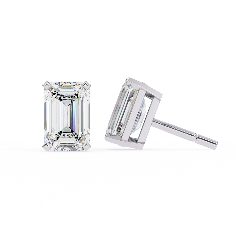 14K White Gold IGI Certified Emerald Cut Solitaire Stud Earrings, 4 Prong, D-E Color, VVS/VS Clarity