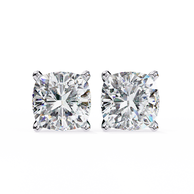 14K White Gold IGI Certified Cushion Cut Solitaire Stud Earrings, 4 Prong, D-E Color, VVS/VS Clarity