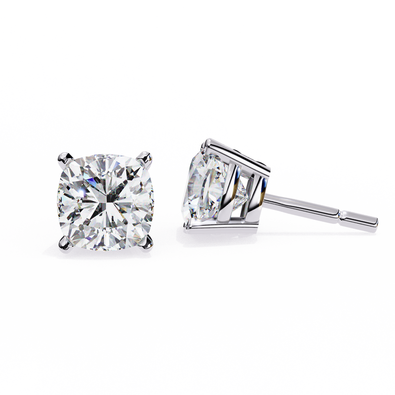14K White Gold IGI Certified Cushion Cut Solitaire Stud Earrings, 4 Prong, D-E Color, VVS/VS Clarity
