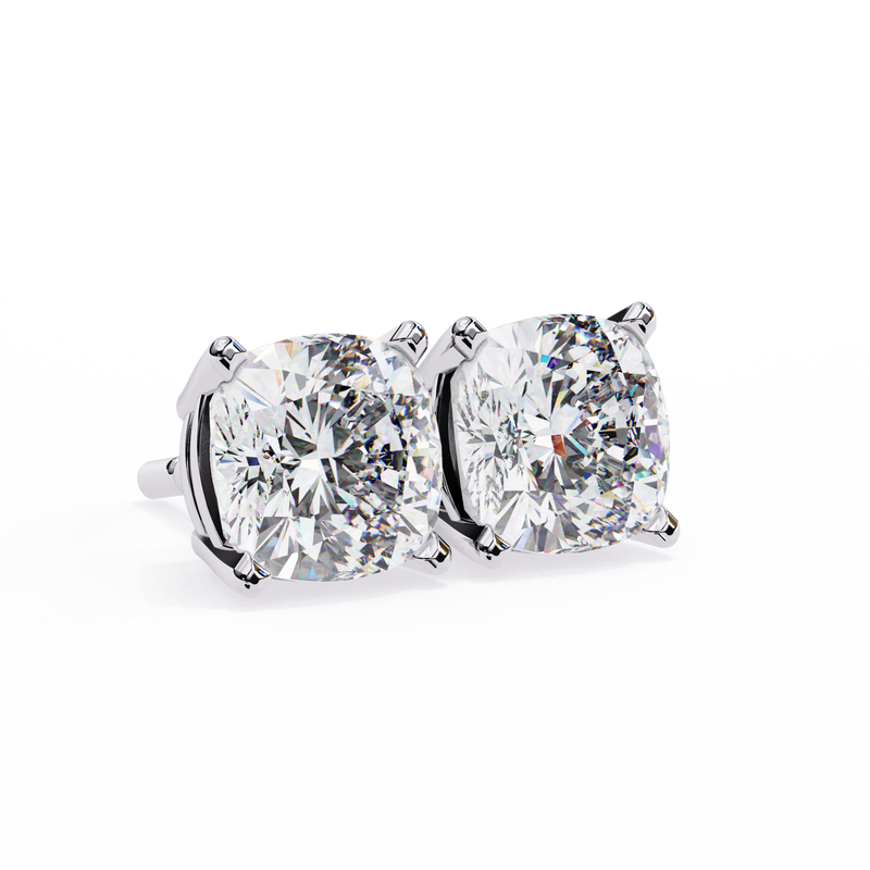 14K White Gold IGI Certified Cushion Cut Solitaire Stud Earrings, 4 Prong, D-E Color, VVS/VS Clarity