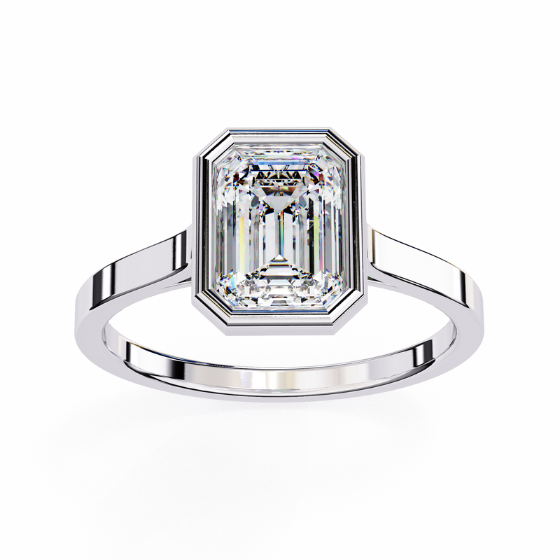 14K Lab Grown Diamond Emerald Bezel Engagement Ring, E-F Color, VVS-VS Clarity