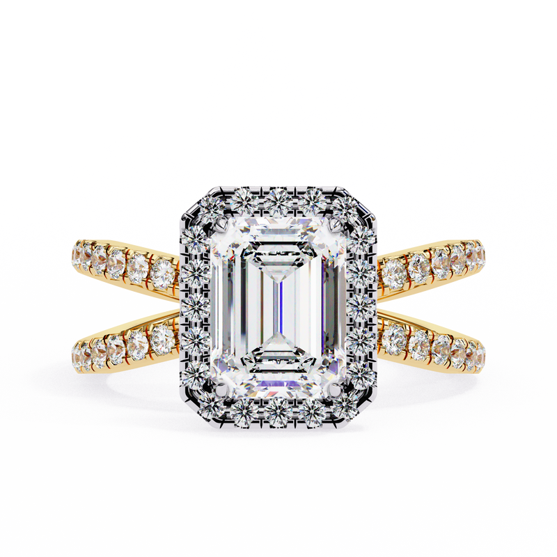 14K Lab Grown Diamond Emerald Halo Split Shank Engagement Ring, E-F Color, VVS-VS Clarity