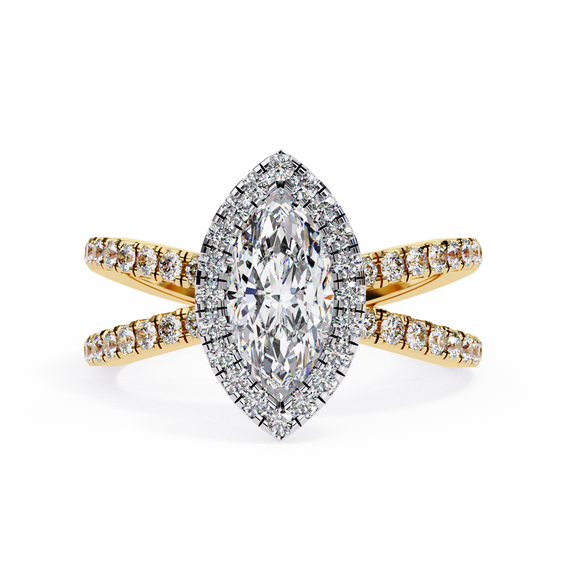 14K Lab Grown Diamond Marquise Halo Split Shank Wedding Ring, E-F Color, VVS-VS Clarity