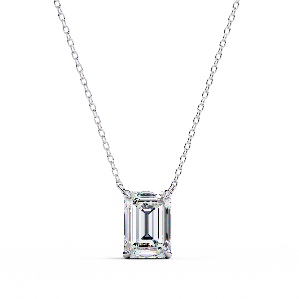 14K White Gold IGI Certified Emerald Cut Diamond Solitaire Pendant – D-E Color, VVS–VS Clarity, Rabbit Ear Bail