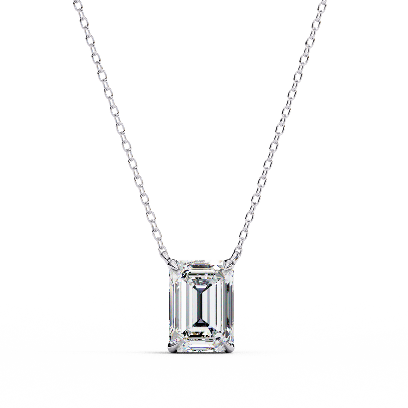 14K White Gold IGI Certified Emerald Cut Diamond Solitaire Pendant – D-E Color, VVS–VS Clarity, Rabbit Ear Bail