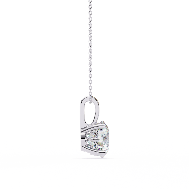 Classic 14K white gold pendant featuring a cushion-cut diamond solitaire, IGI certified with D–E color and VVS–VS clarity, finished with an elegant bail.
