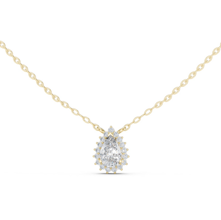 14K Lab Grown Pear Halo Necklace Pendant, E-F Color, VVS-VS Clarity