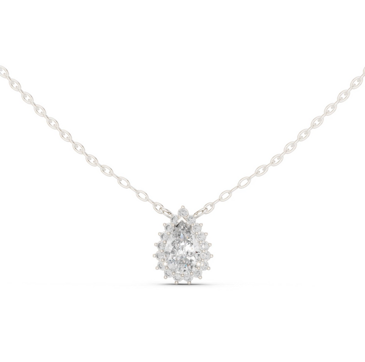 14K Lab Grown Pear Halo Necklace Pendant, E-F Color, VVS-VS Clarity
