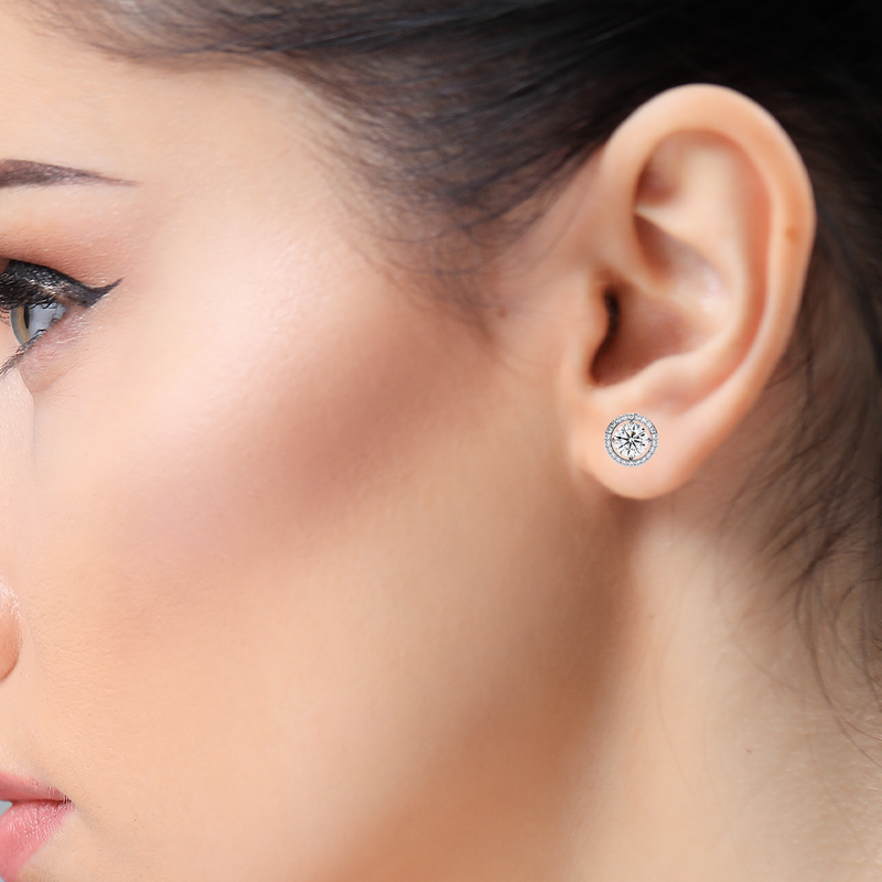 14K White Gold IGI Certified Round Diamond Halo Earrings, D-E Color, VVS/VS Clarity