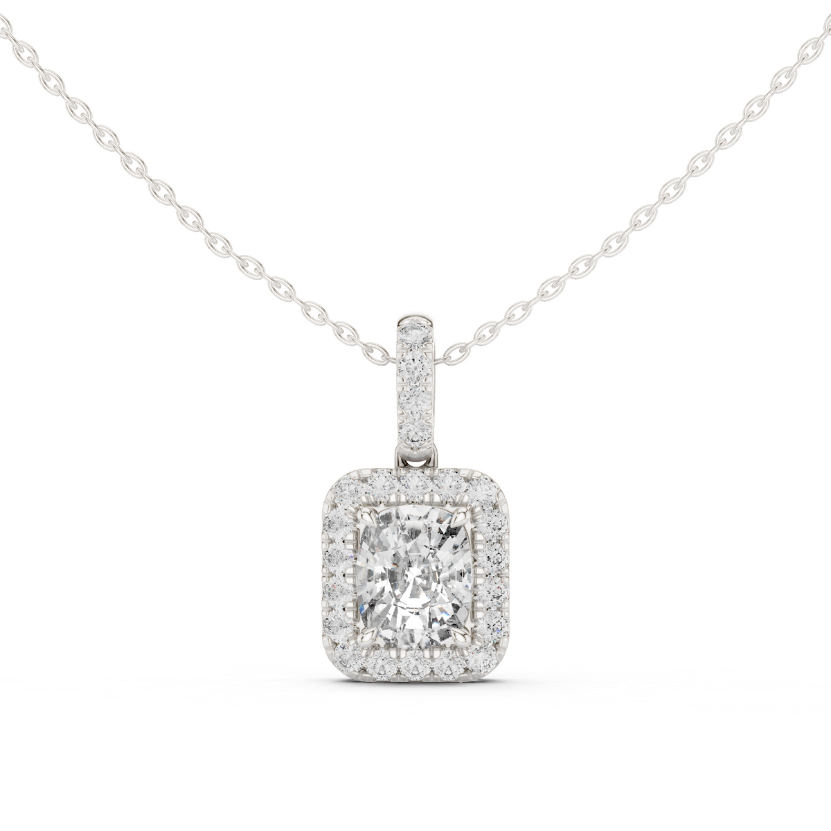 14K Lab Grown Cushion Halo Necklace Pendant, E-F Color, VVS-VS Clarity