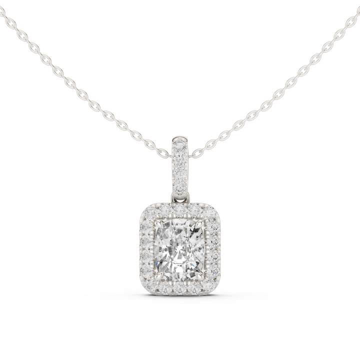 14K Lab Grown Cushion Halo Necklace Pendant, E-F Color, VVS-VS Clarity