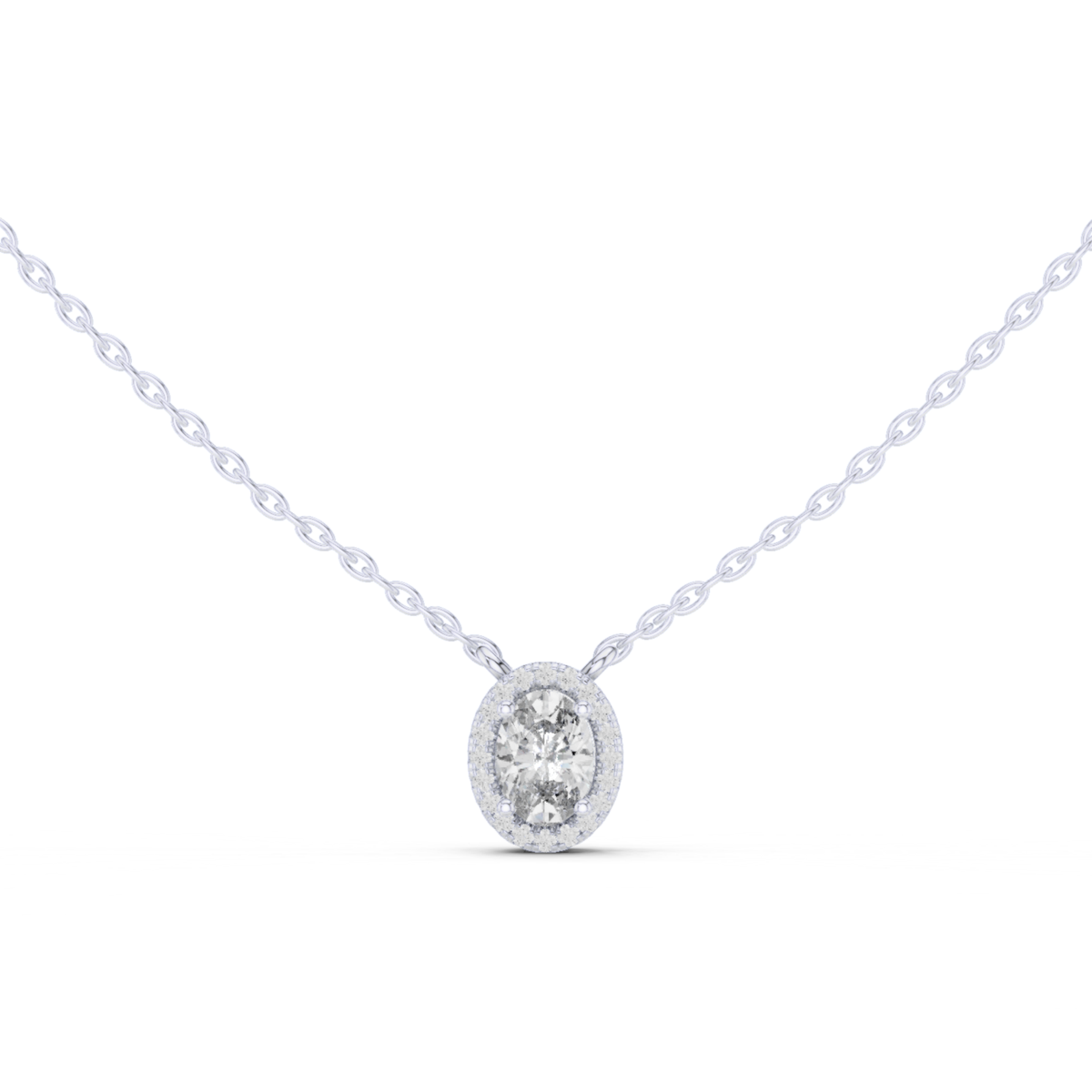 14K Lab Grown Oval Halo Necklace Pendant, E-F Color, VVS-VS Clarity
