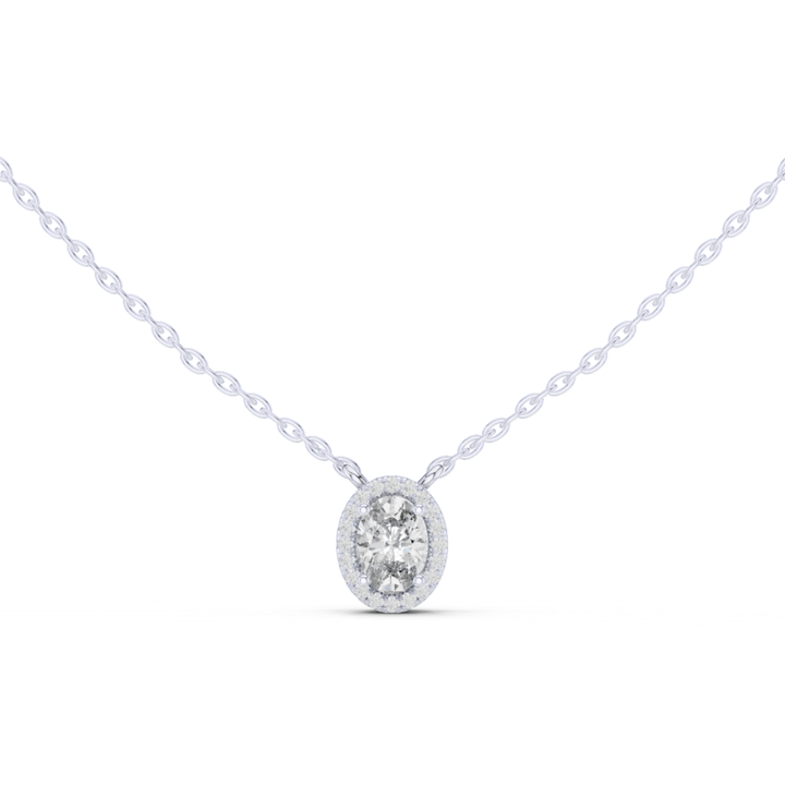 14K Lab Grown Oval Halo Necklace Pendant, E-F Color, VVS-VS Clarity