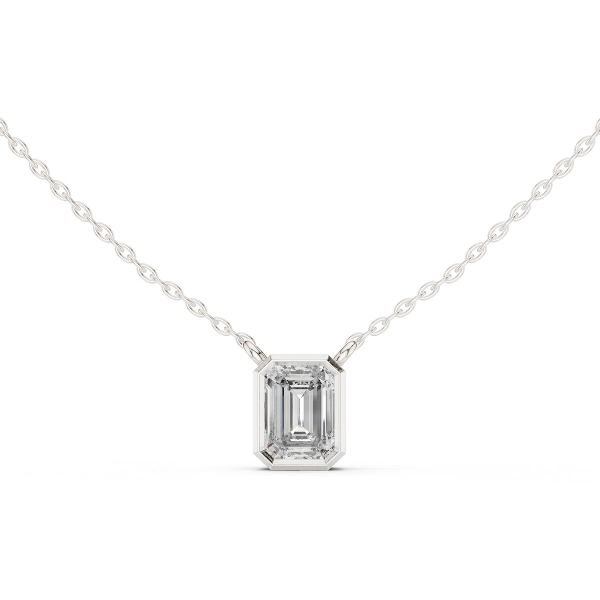 14K Lab Grown Emerald Diamond Bezel Necklace Pendant, E-F Color, VVS-VS Clarity