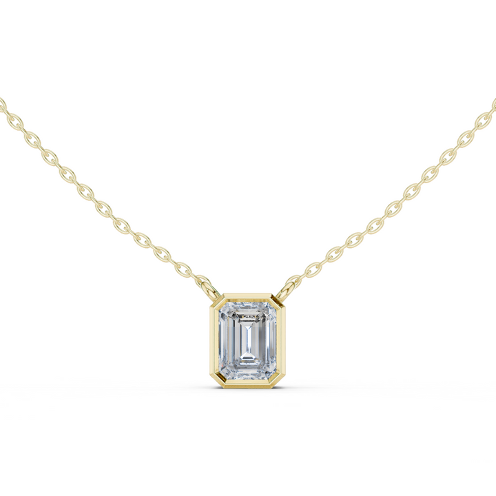 14K Lab Grown Emerald Diamond Bezel Necklace Pendant, E-F Color, VVS-VS Clarity