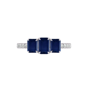 Natural Round Diamond and Emerald Cut Sapphire Gemstone Ring in 14K White and Yellow Gold