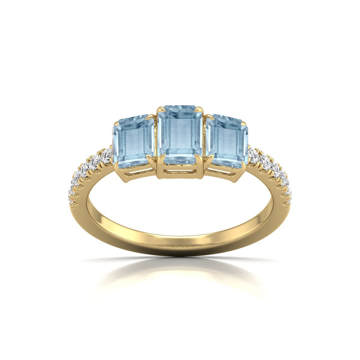 Natural Round Diamond and Emerald Cut Aquamarine Gemstone Ring in 14K White and Yellow Gold