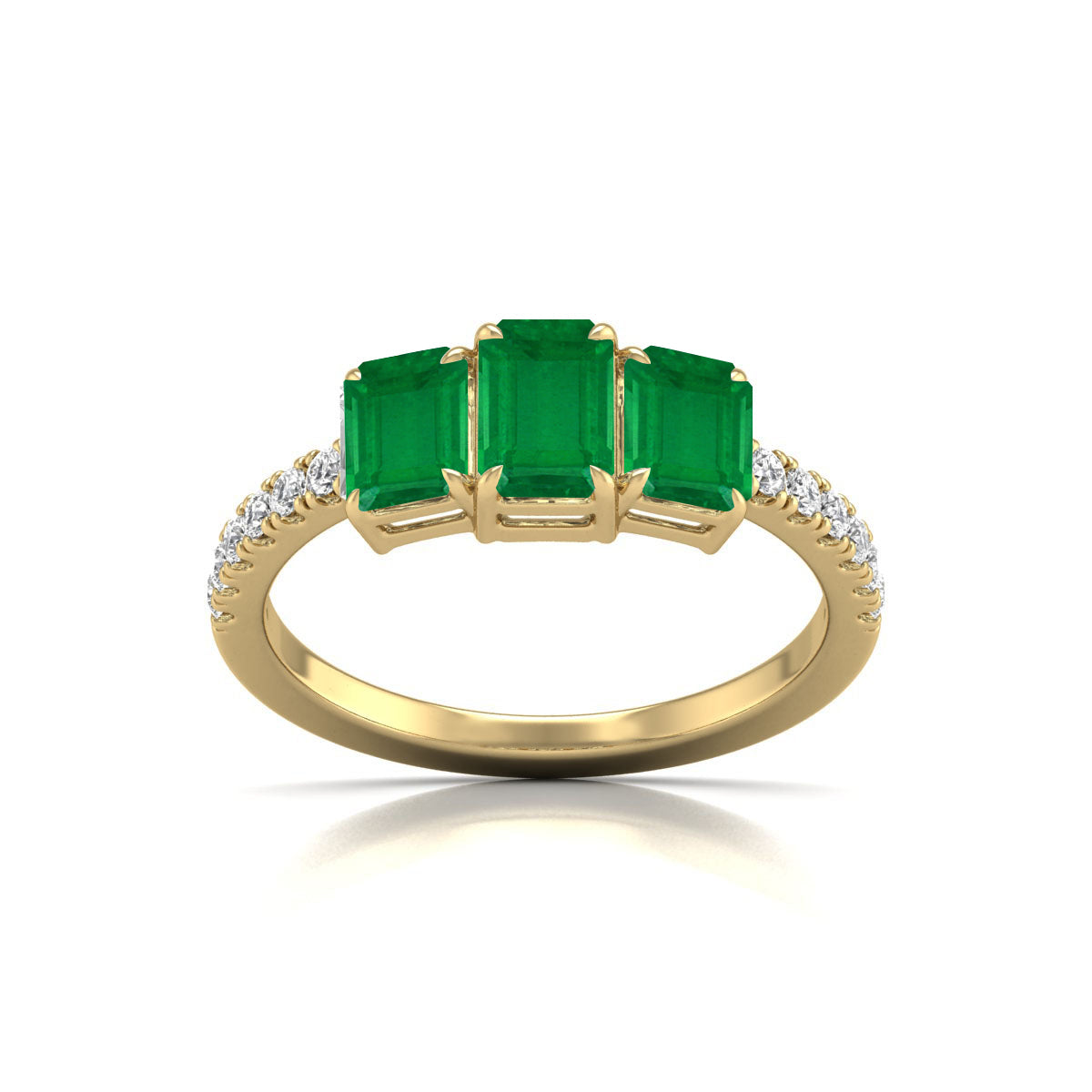 Natural Round Diamond and Emerald Cut Emerald Gemstone Ring in 14K White and Yellow Gold