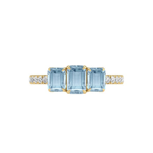 Natural Round Diamond and Emerald Cut Aquamarine Gemstone Ring in 14K White and Yellow Gold
